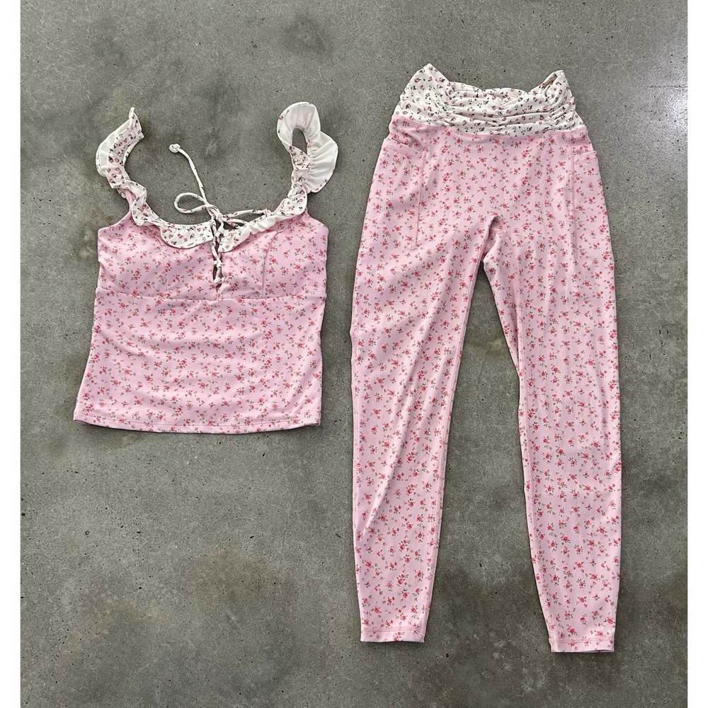 Blogilates Pink Floral Babydoll Lace Up Tank Top & Leggings Cottagecore Coquette